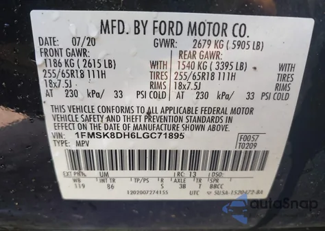 2020 Ford Explorer Xlt из США, поврежденный, VIN 1FMSK8DH6LGC71895